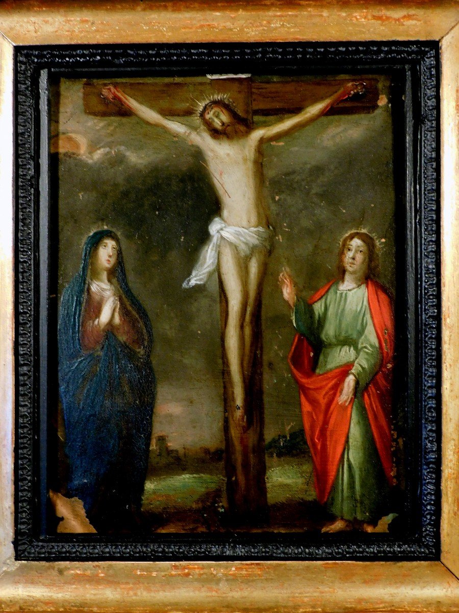 Peinture En Huile Sur Cuivre Crucifixion  Christ 17eme XVIIe Siécle-photo-3