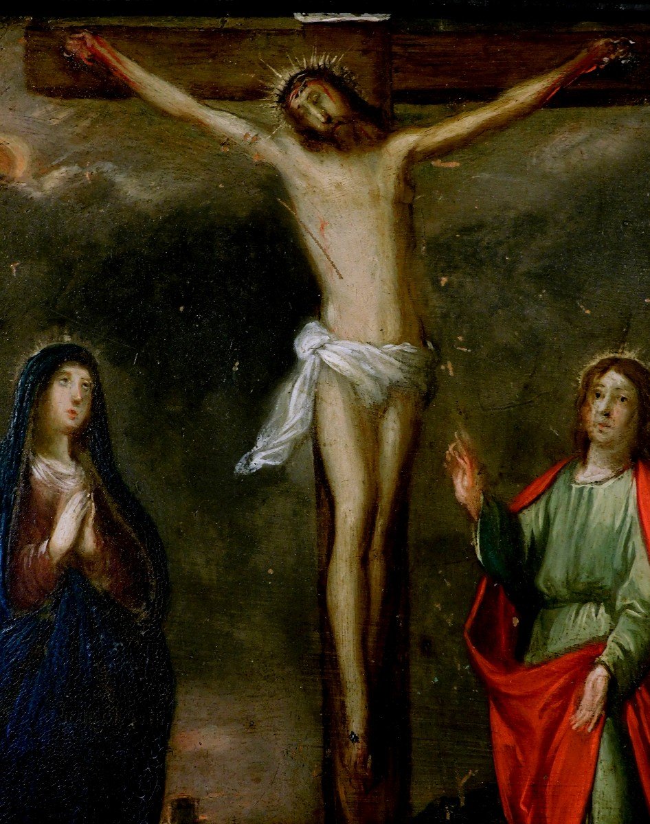 Peinture En Huile Sur Cuivre Crucifixion  Christ 17eme XVIIe Siécle-photo-4