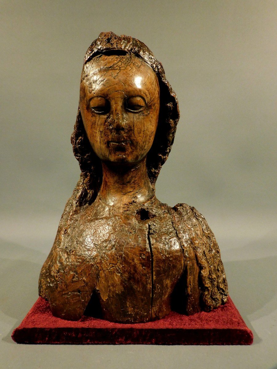 Buste d'une Sainte  ou Vierge En Noyer Sculpté Fin Du 15eme  - Debut 16eme Siécle Haute Epoque