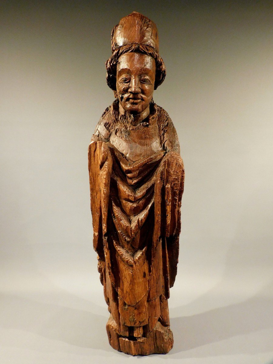 Carved Wood  Bishop Saint  - Early 15th Century -   Haute Epoque -  Gothic  15th Century Statue-photo-2