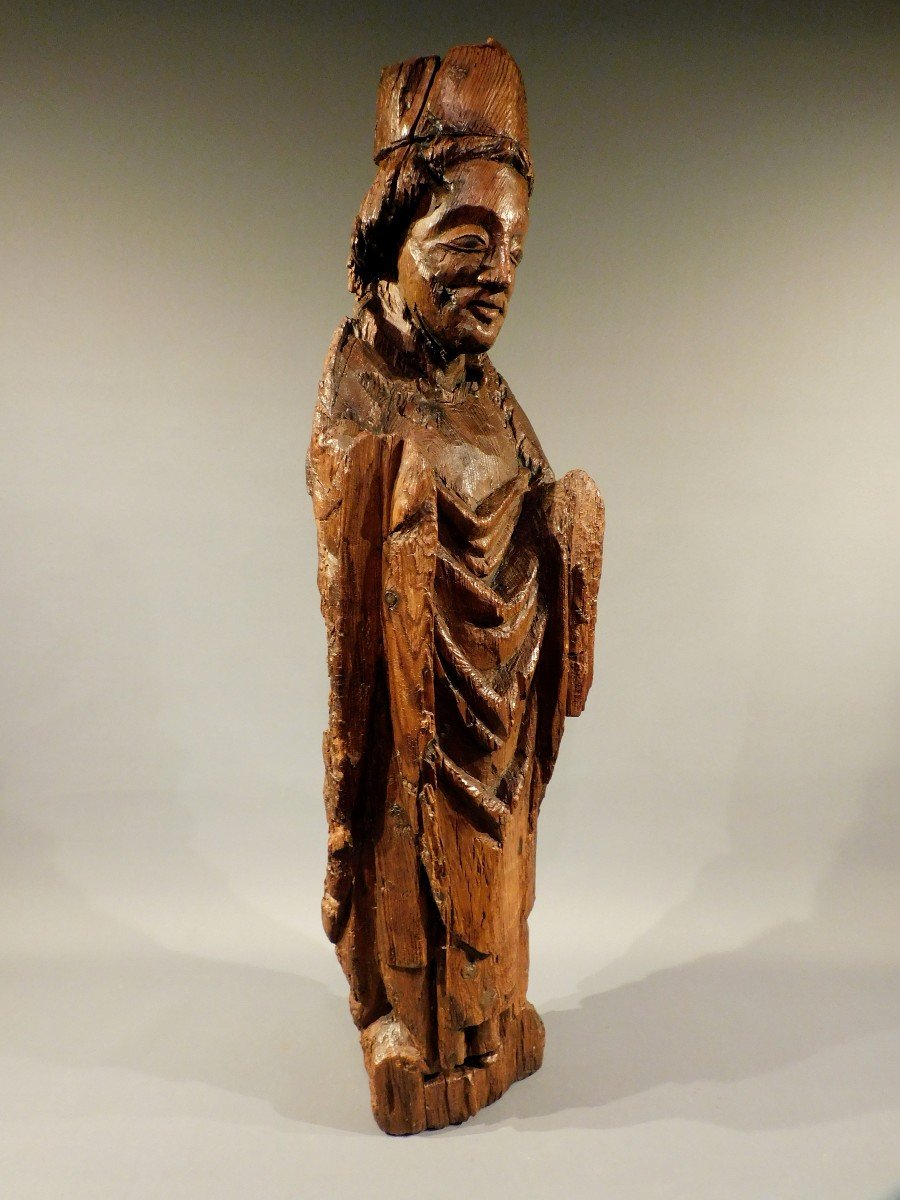 Carved Wood  Bishop Saint  - Early 15th Century -   Haute Epoque -  Gothic  15th Century Statue-photo-3