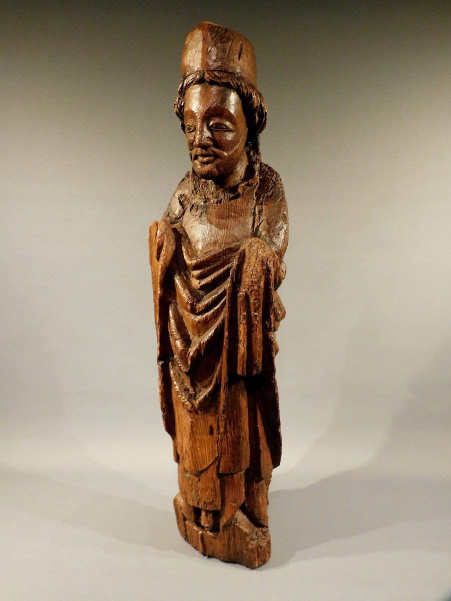 Carved Wood  Bishop Saint  - Early 15th Century -   Haute Epoque -  Gothic  15th Century Statue-photo-4