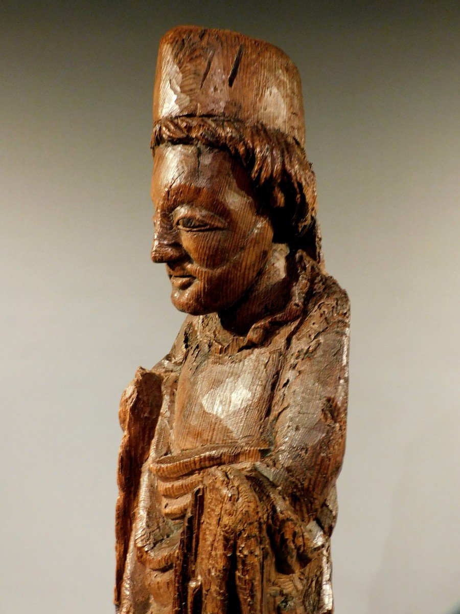 Carved Wood  Bishop Saint  - Early 15th Century -   Haute Epoque -  Gothic  15th Century Statue-photo-4