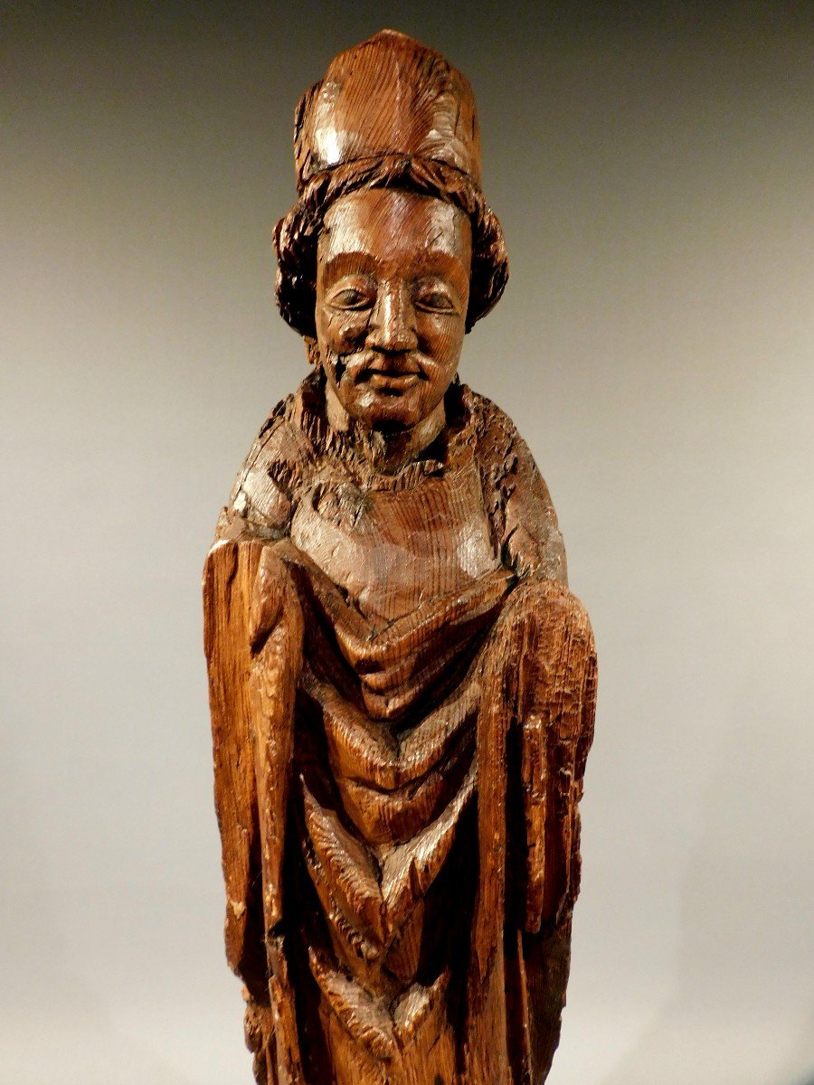 Carved Wood  Bishop Saint  - Early 15th Century -   Haute Epoque -  Gothic  15th Century Statue-photo-6