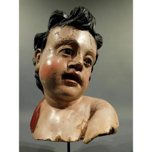 Angel - Carved Wooden Putto From The 18th Century 18th Century Baroque Sculpture