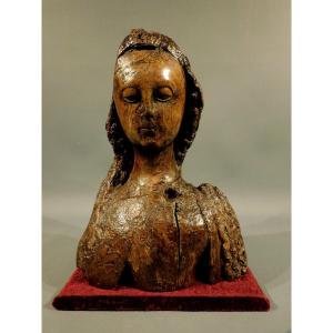 Buste d'une Sainte  ou Vierge En Noyer Sculpté Fin Du 15eme  - Debut 16eme Siécle Haute Epoque