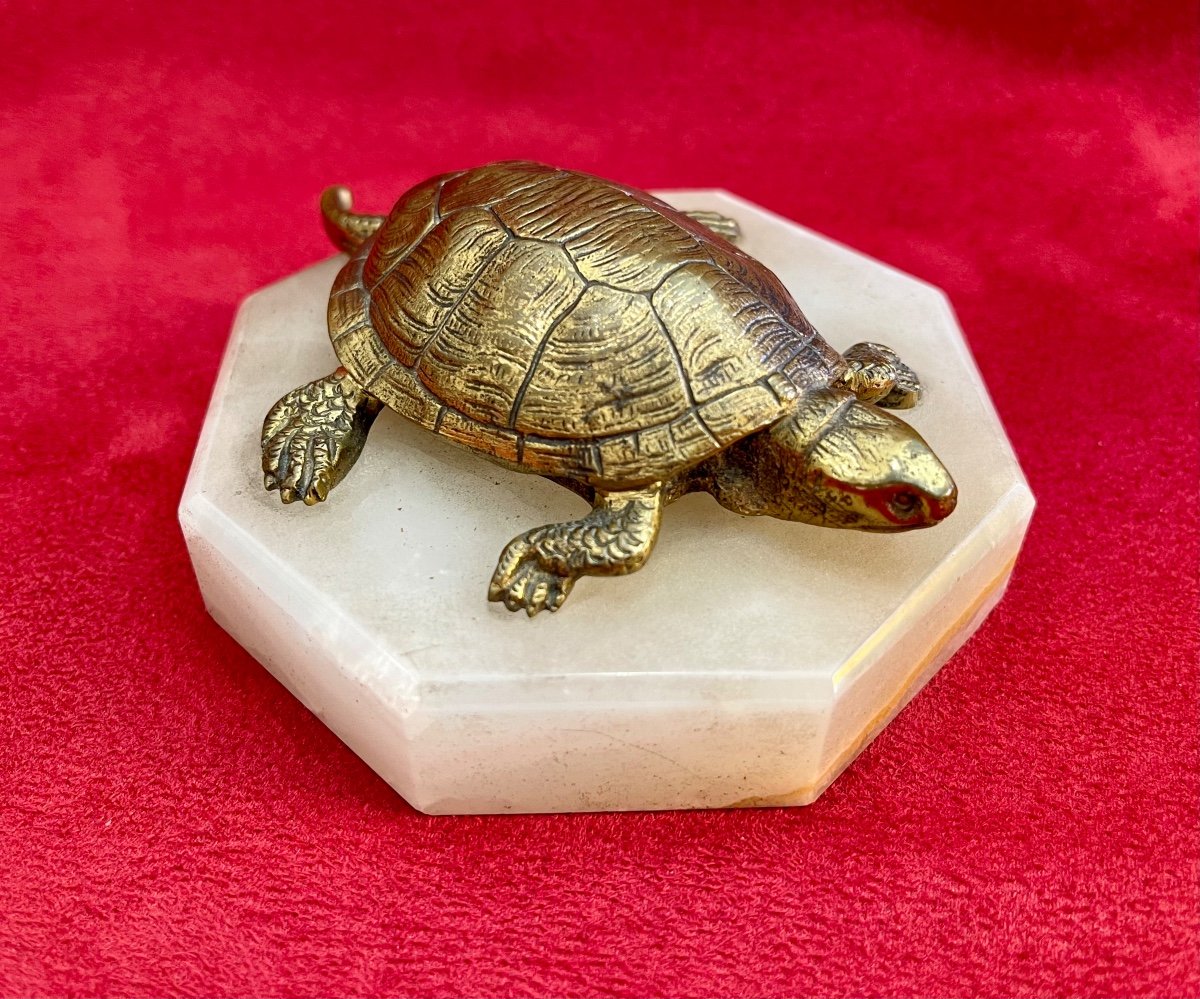 Presse-papier en Onyx Blanc & Tortue en Bronze-photo-3