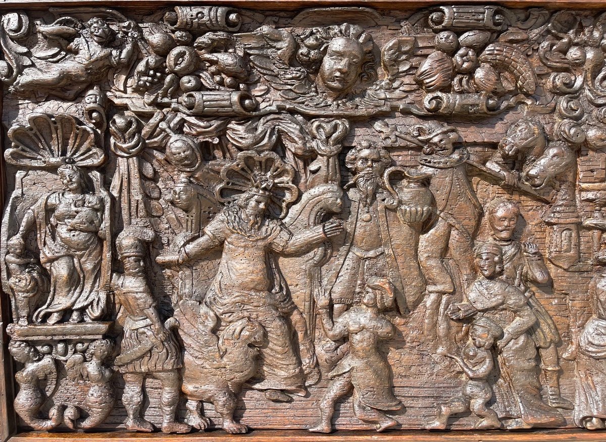 XVIe Siècle - Bas Relief en Chêne Sculpté -photo-1