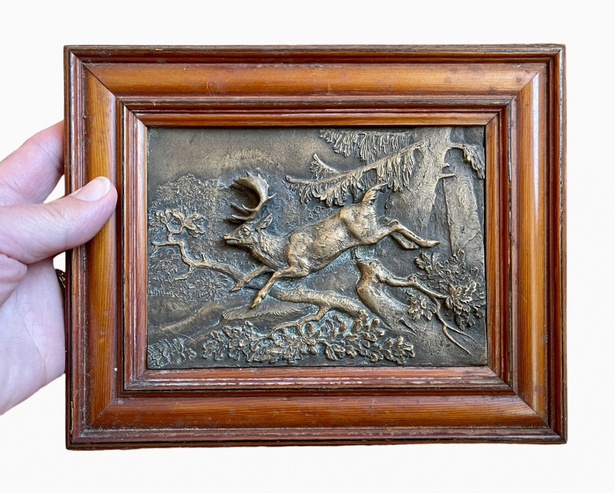 BARYE - Cerf de Virginie, Bas Relief en Bronze-photo-2