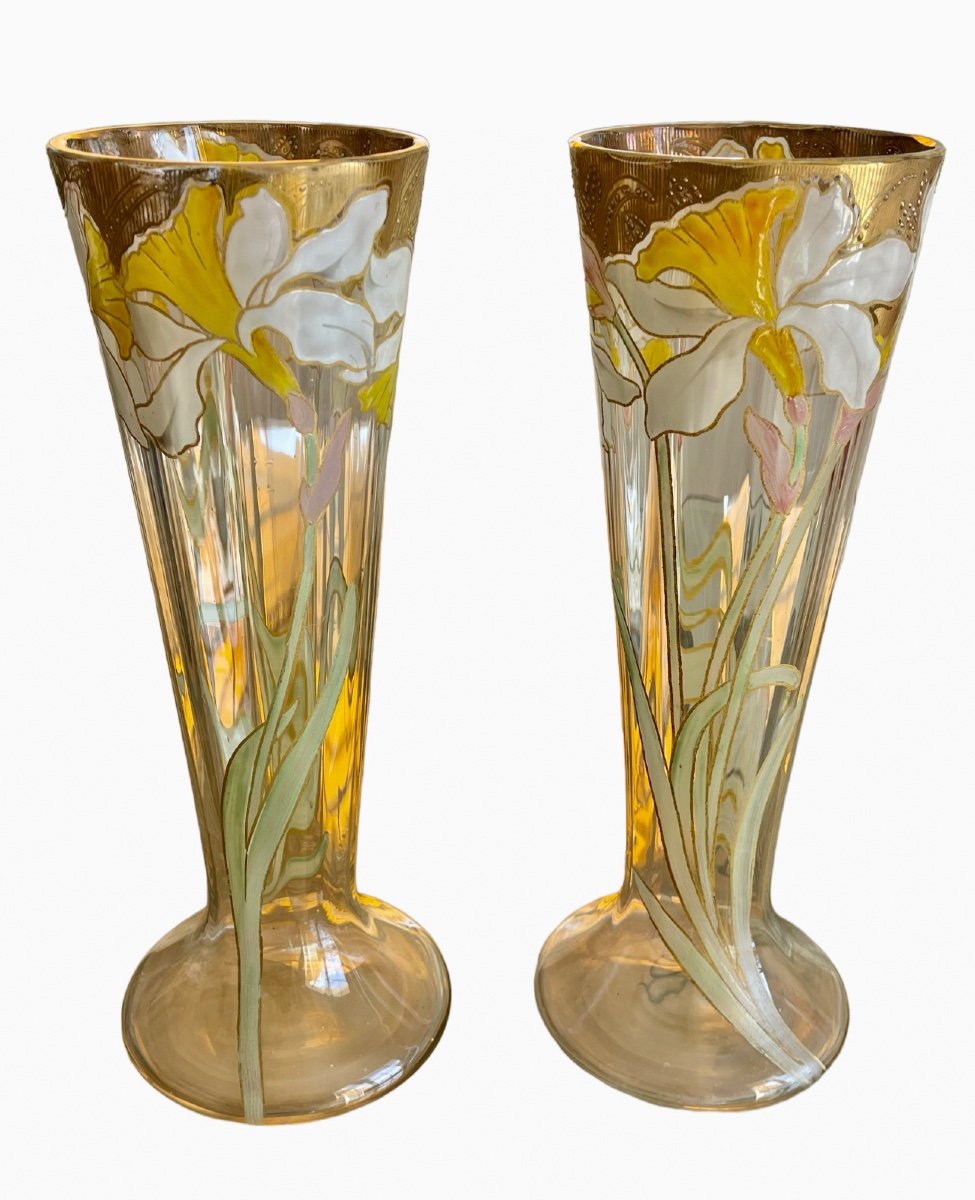 Legras - Pair Of Cornet Vases With Irises