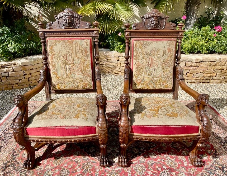 2 Armchairs & 2 Chairs In Walnut Renaissance Style -photo-2