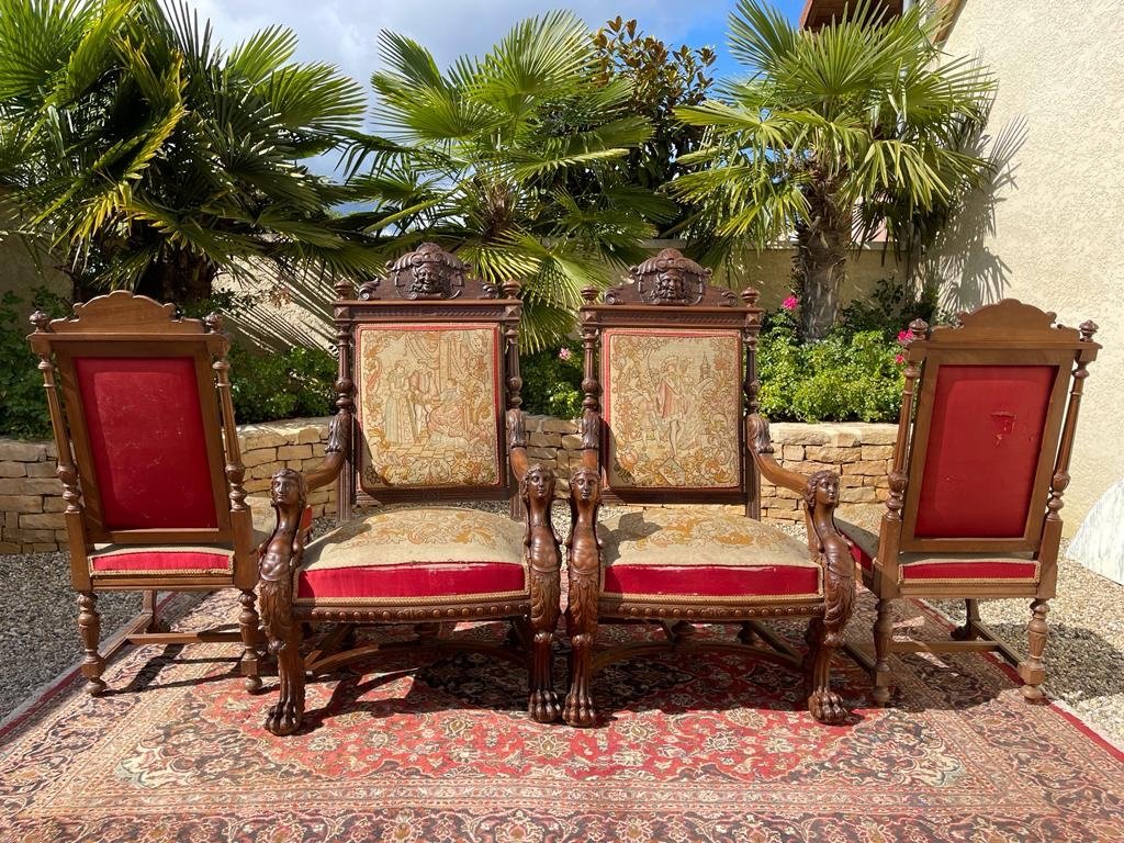 2 Armchairs & 2 Chairs In Walnut Renaissance Style -photo-8