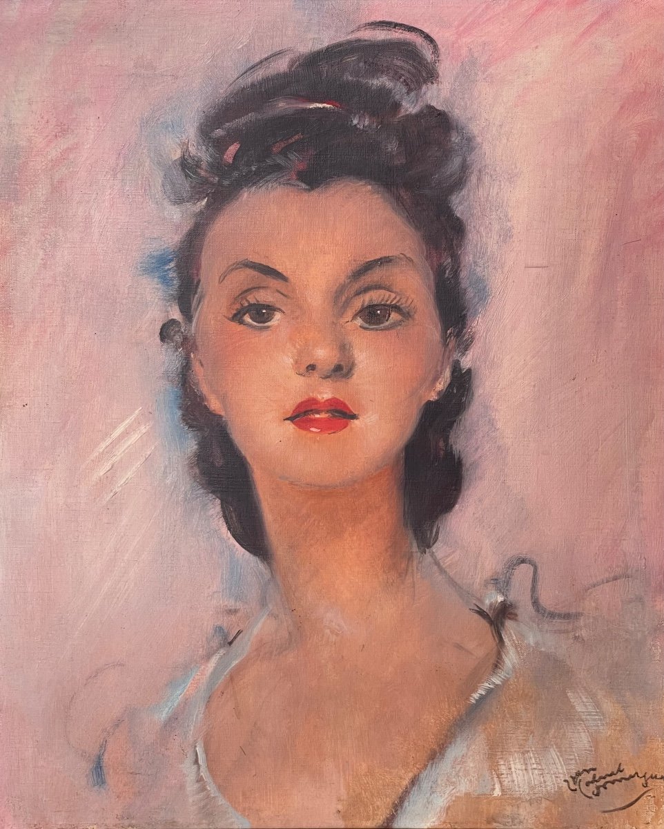 Jean-gabriel Domergue - The English Brunette, Oil On Canvas-photo-2