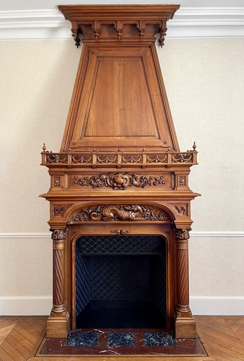 Renaissance Style Walnut Castle Fireplace-photo-2