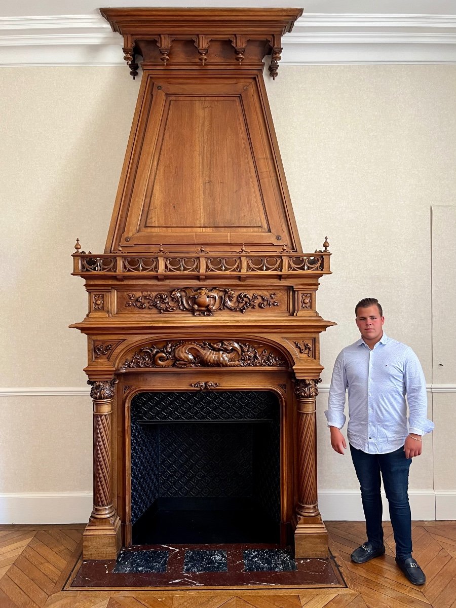 Renaissance Style Walnut Castle Fireplace