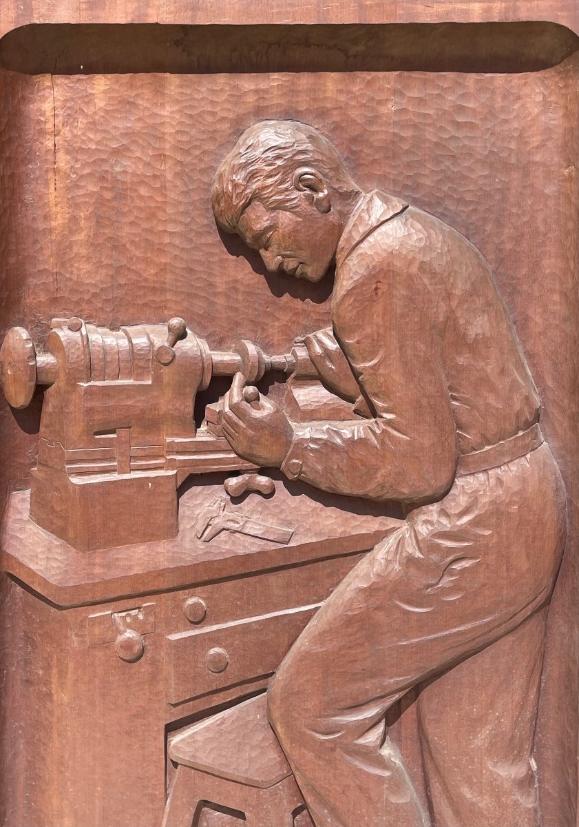 A. GÉROUDET - Panneau en Acajou Sculpté, Tourneur sur Bois-photo-2