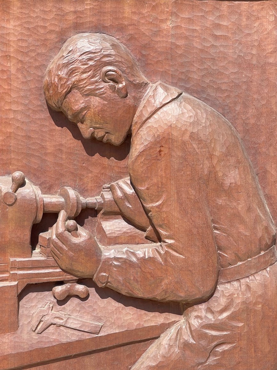 A. GÉROUDET - Panneau en Acajou Sculpté, Tourneur sur Bois-photo-3