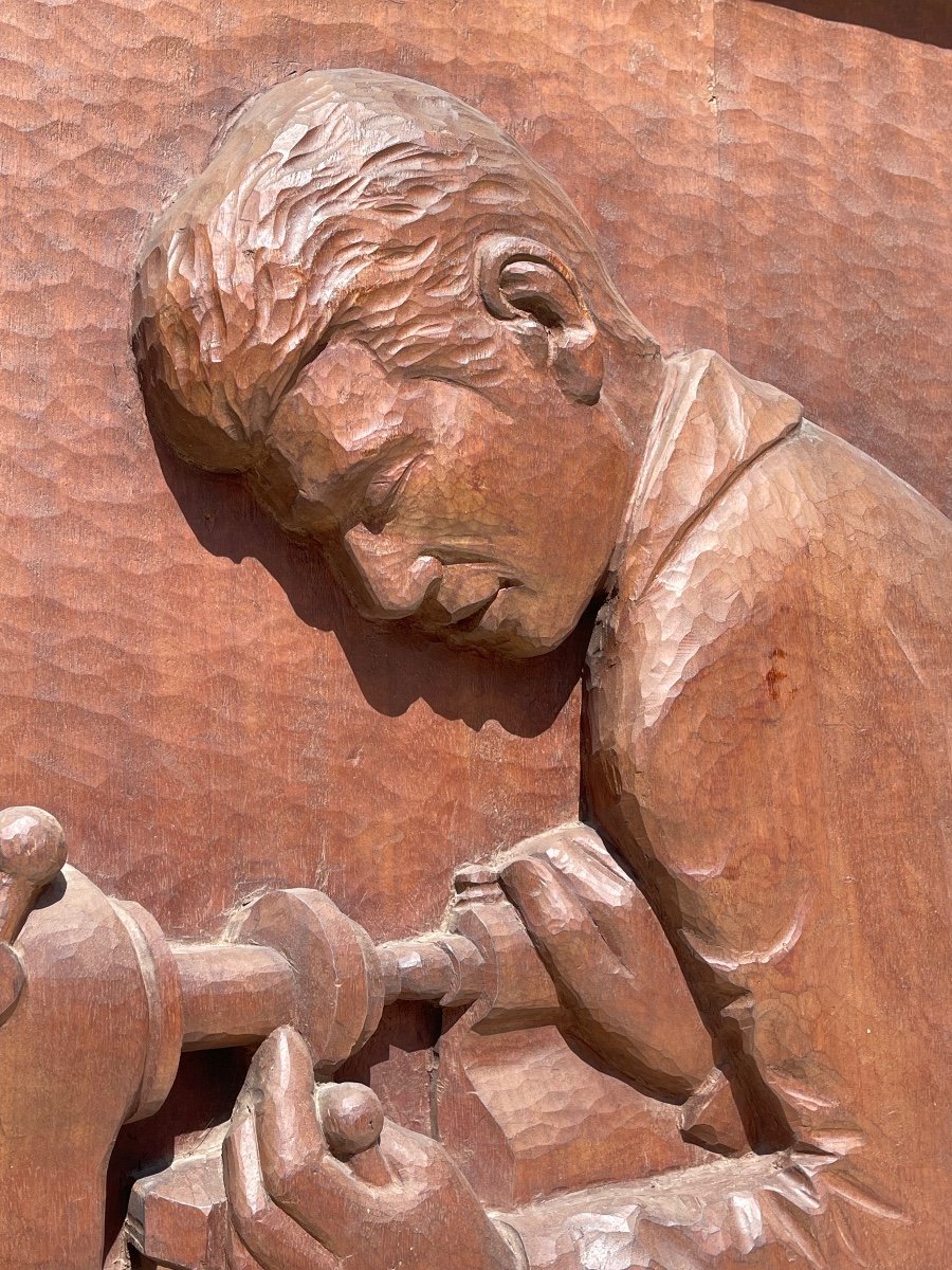 A. GÉROUDET - Panneau en Acajou Sculpté, Tourneur sur Bois-photo-1