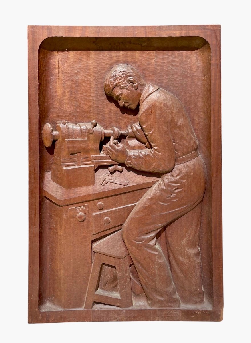 A. GÉROUDET - Panneau en Acajou Sculpté, Tourneur sur Bois