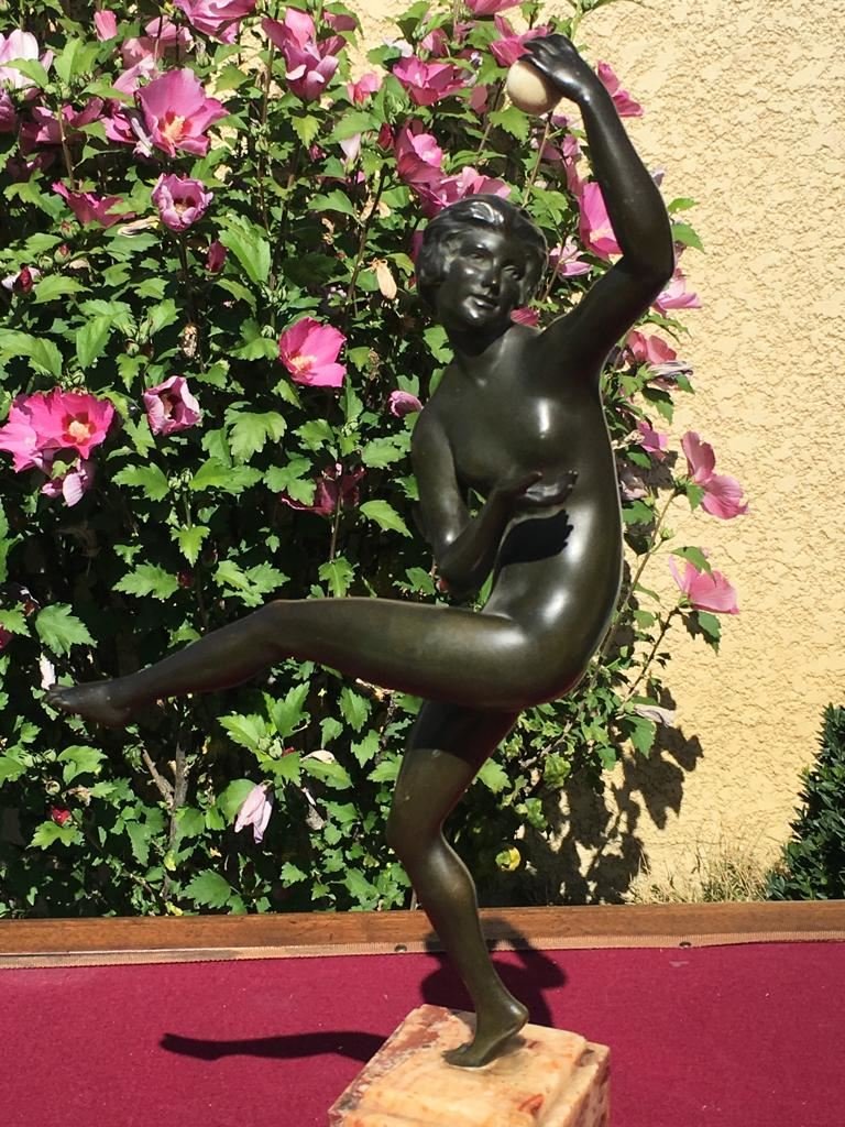 M Guiraud Riviere - Bronze Art Deco, Dancer With Ivory Sphere In The Hand-photo-2