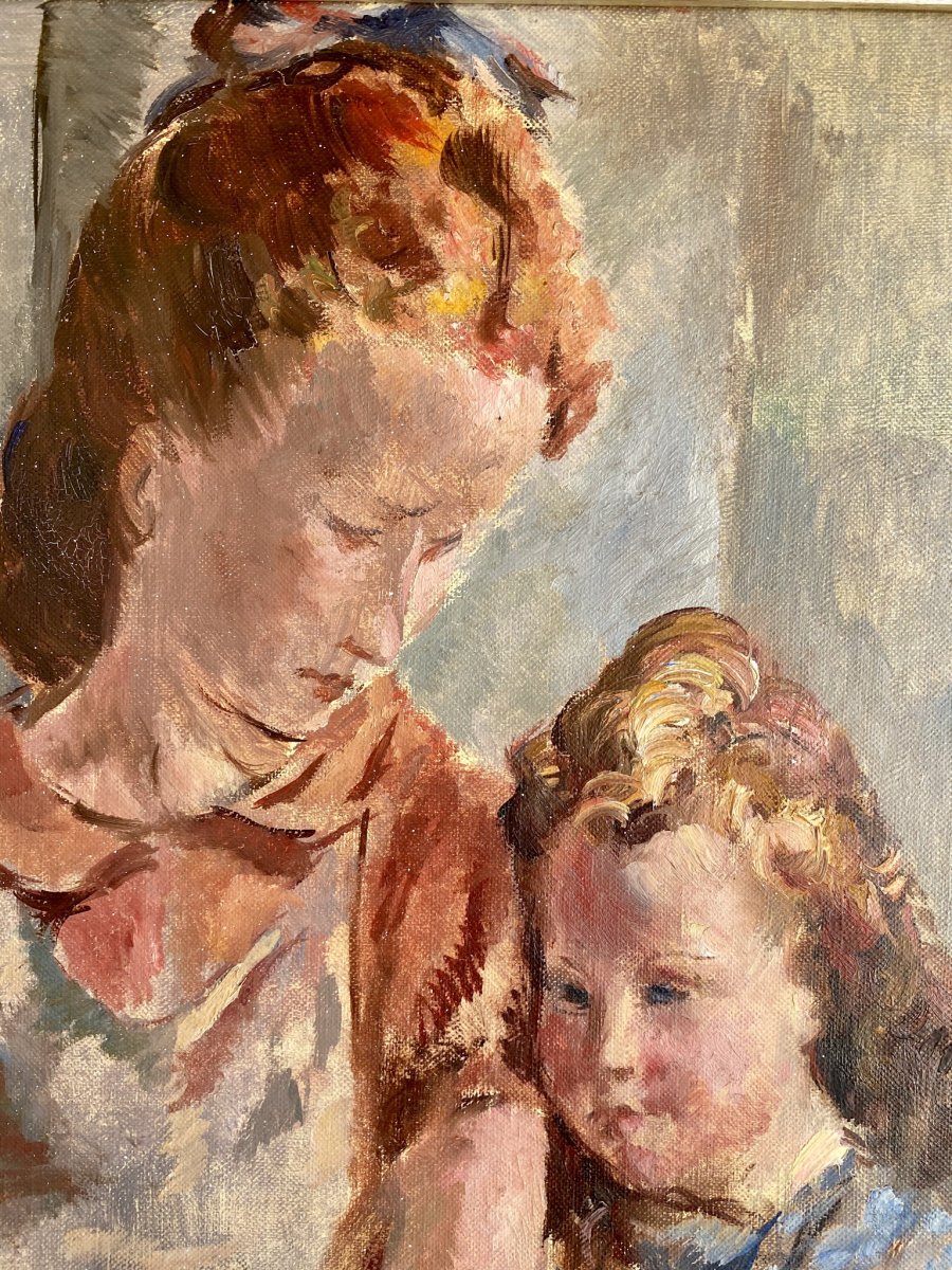 Jean SERRIÈRE - La Mère et l'Enfant, Huile sur Toile -photo-3