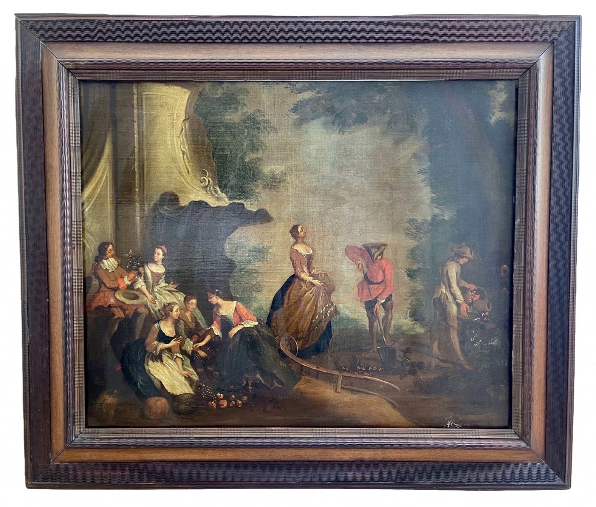 Large Oil On Canvas, Gallant Scene In A Garden