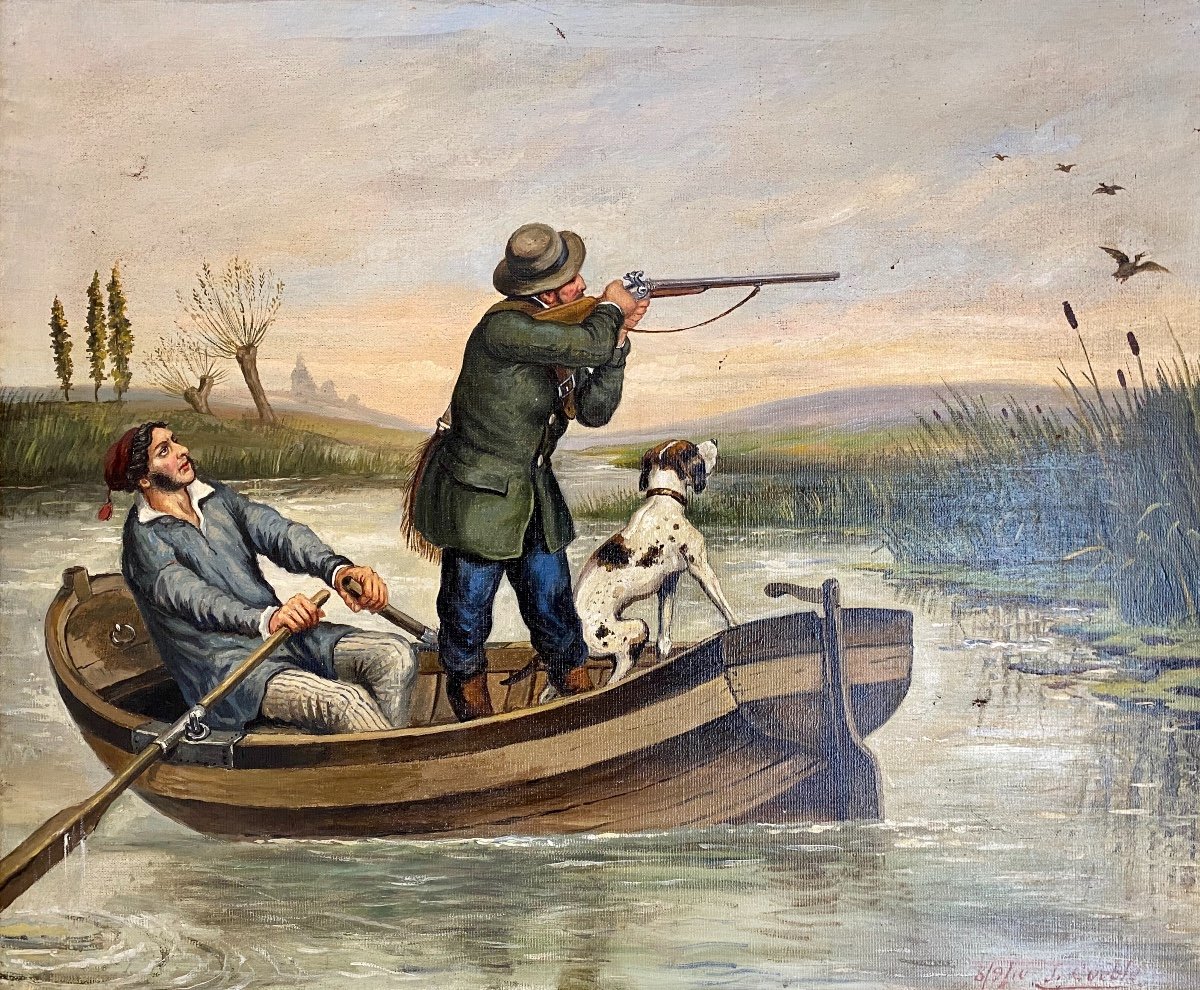 J. GUËBLE - Huile sur Toile « La Chasse aux Canards »-photo-2