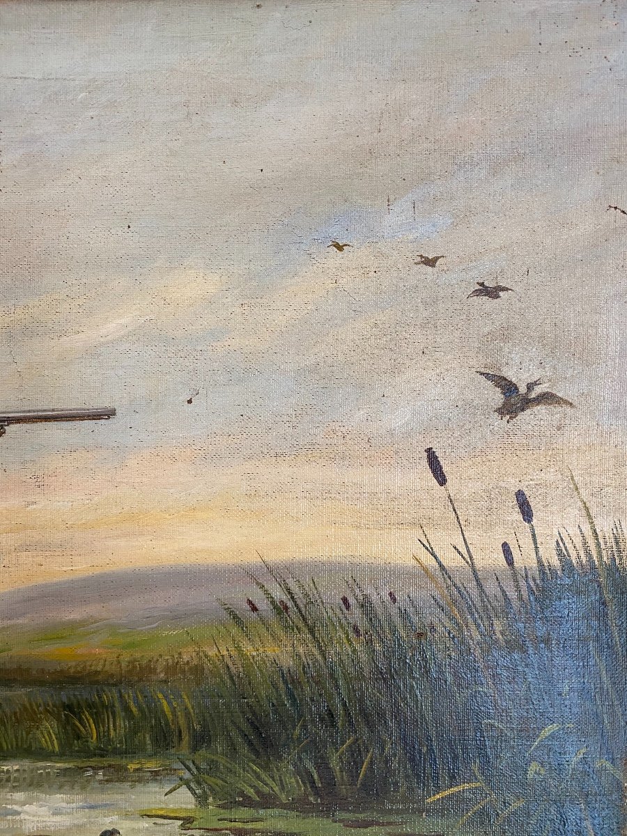 J. GUËBLE - Huile sur Toile « La Chasse aux Canards »-photo-5