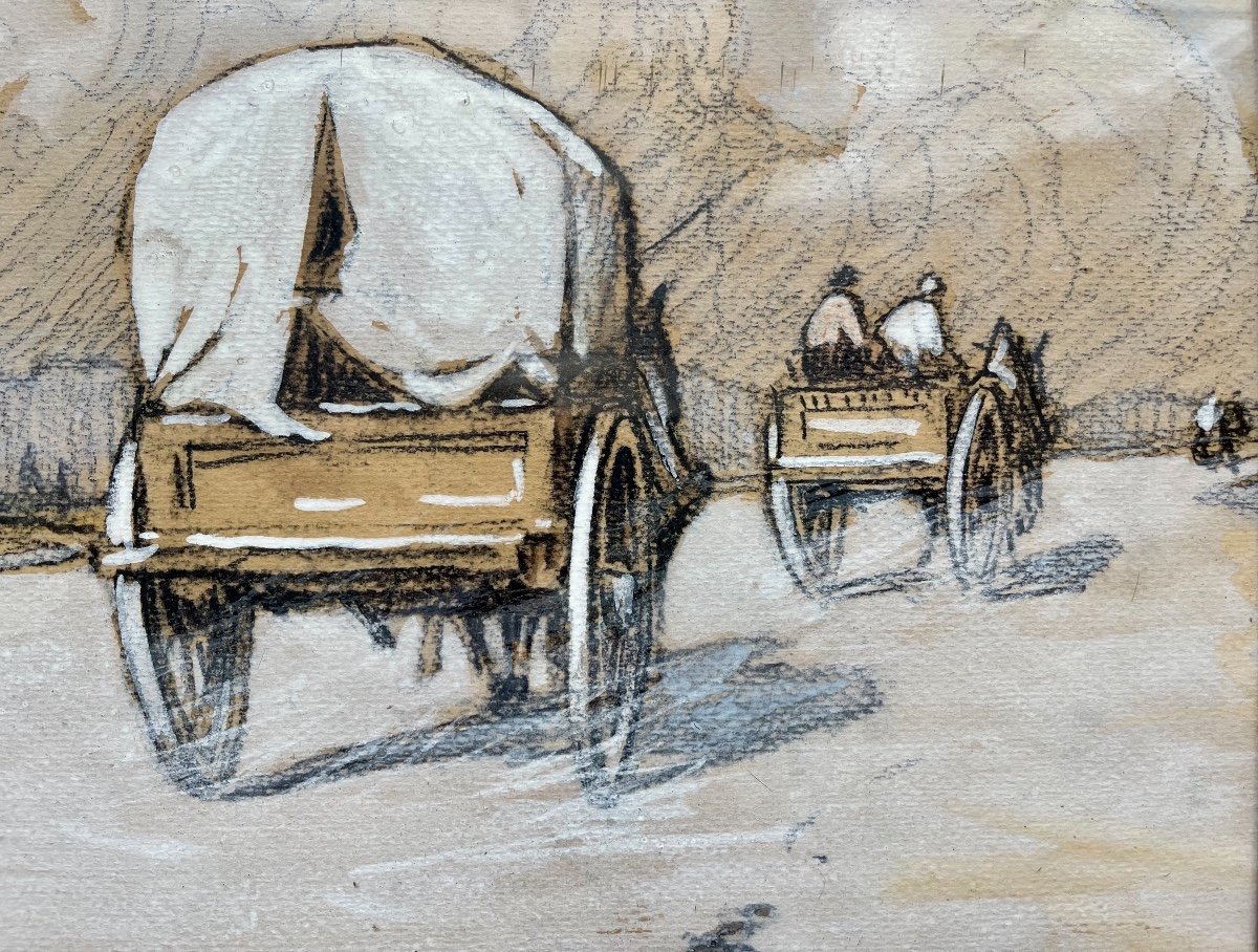 Gustave Vidal - « the Caravans » Charcoal And Poster Paint-photo-3