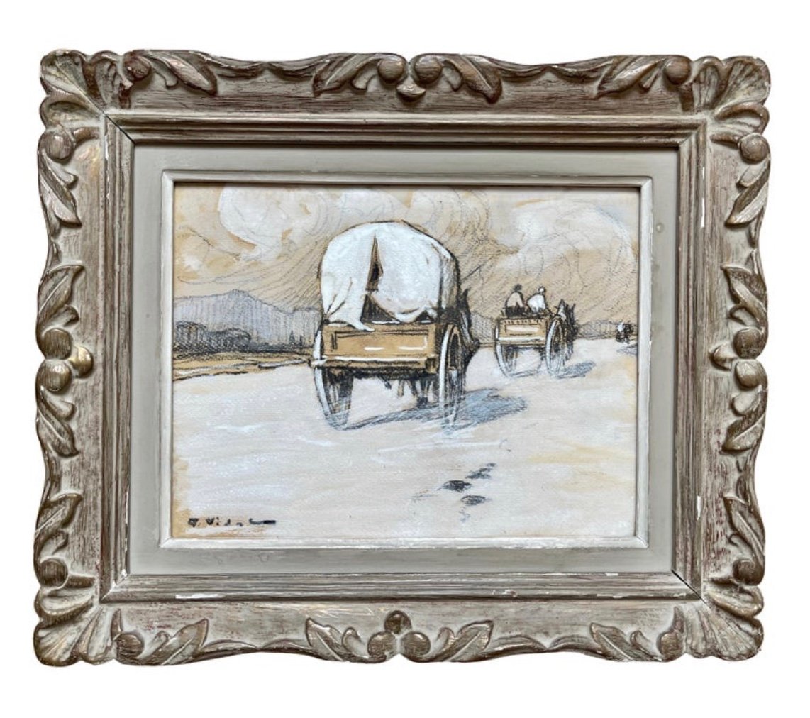 Gustave Vidal - « the Caravans » Charcoal And Poster Paint