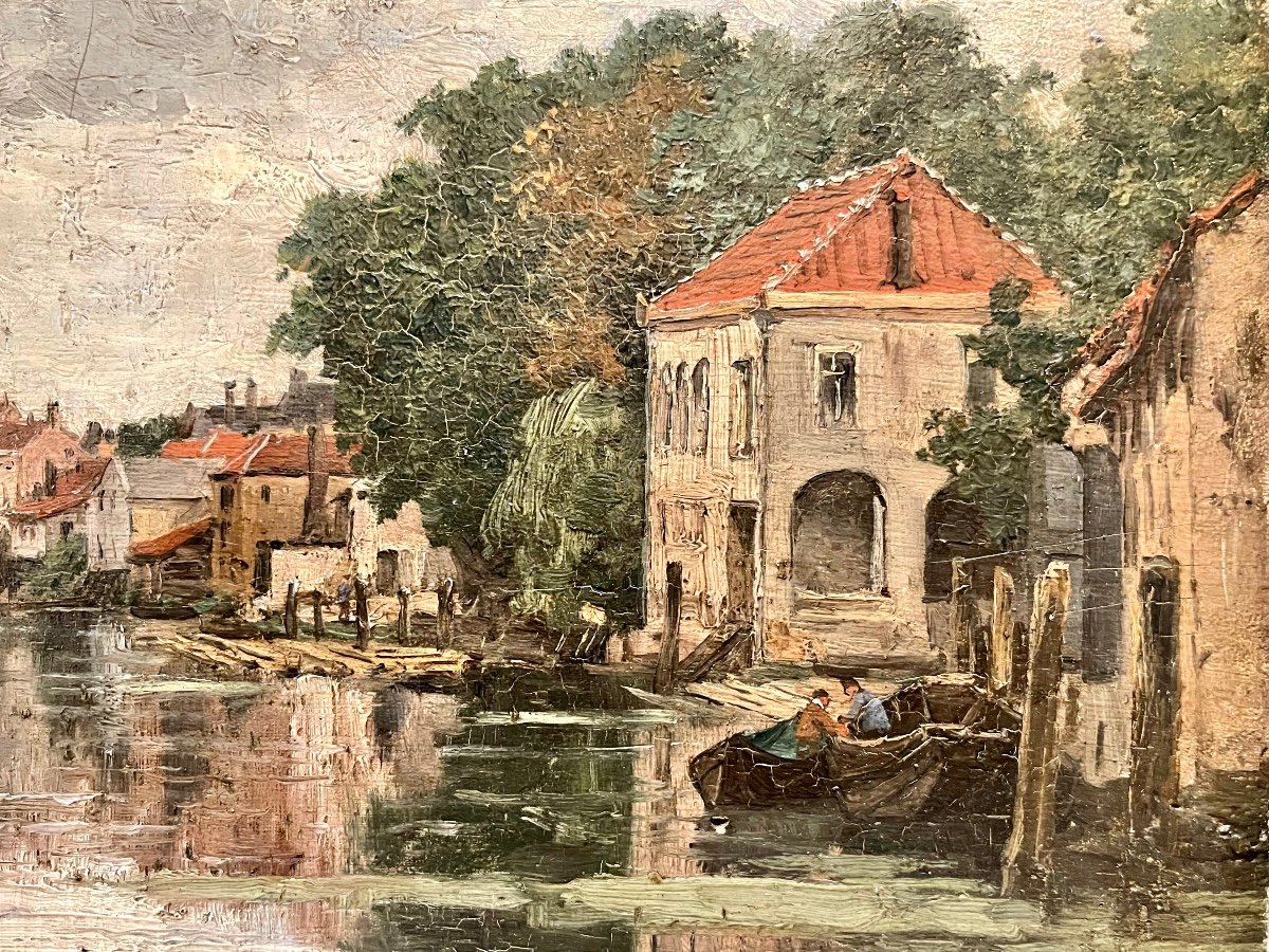 Émile VERNIER - Un Canal à Dordrecht, Huile sur Panneau-photo-3