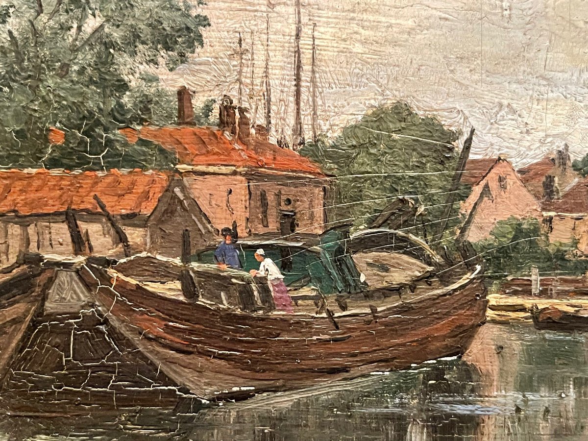 Émile VERNIER - Un Canal à Dordrecht, Huile sur Panneau-photo-2