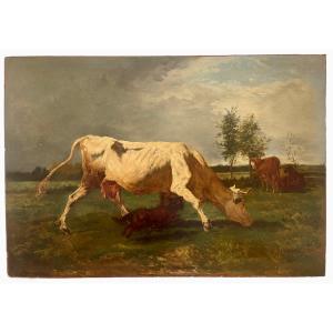 Constant Troyon - Oil On Canvas, Cows And Dog In The Meadow