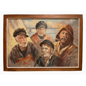Yves Dreÿ - Breton Fishermen, Oil On Canvas