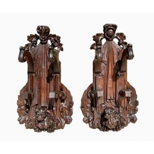 Pair Of Wall Coat Racks In Neo-renaissance Walnut