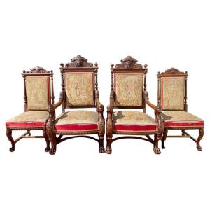 2 Fauteuils & 2 Chaises en Noyer Style Renaissance 