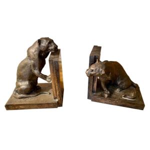 Roger Godchaux & Susse Frères - Pair Of Silvered Bronze Bookends "lionesses"