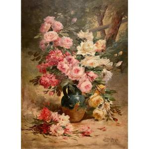 Émile Godchaux - Bouquet Of Roses, Oil On Canvas