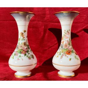 Pair Of Opaline Vases Roses & Poppies