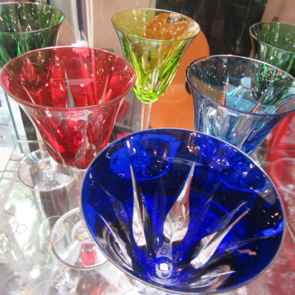 6 Saint Louis Cerdagne Crystal Glasses Of Different Color In Perfect Condition-photo-3