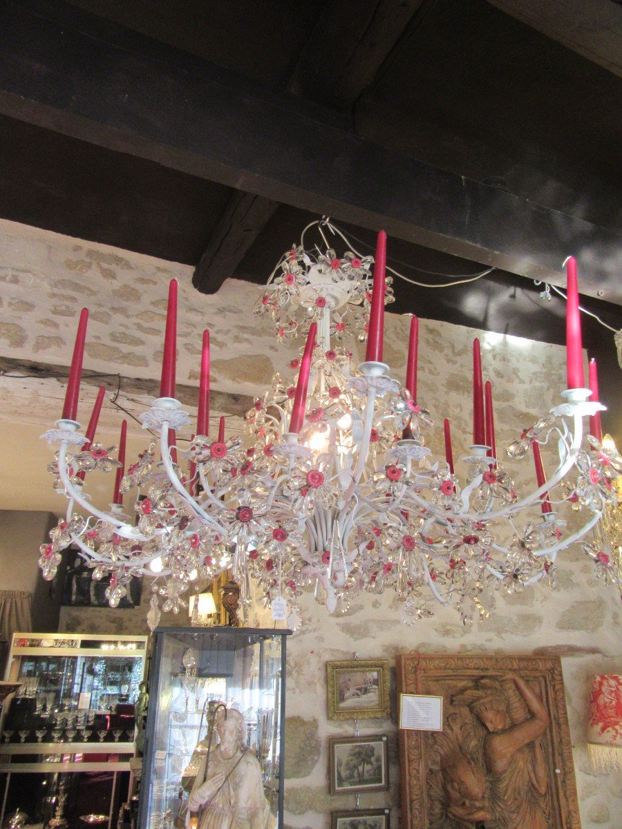 Large 24-arm Chandelier With White Painted Base And Multitude Of Flower-shaped Tassels -photo-3