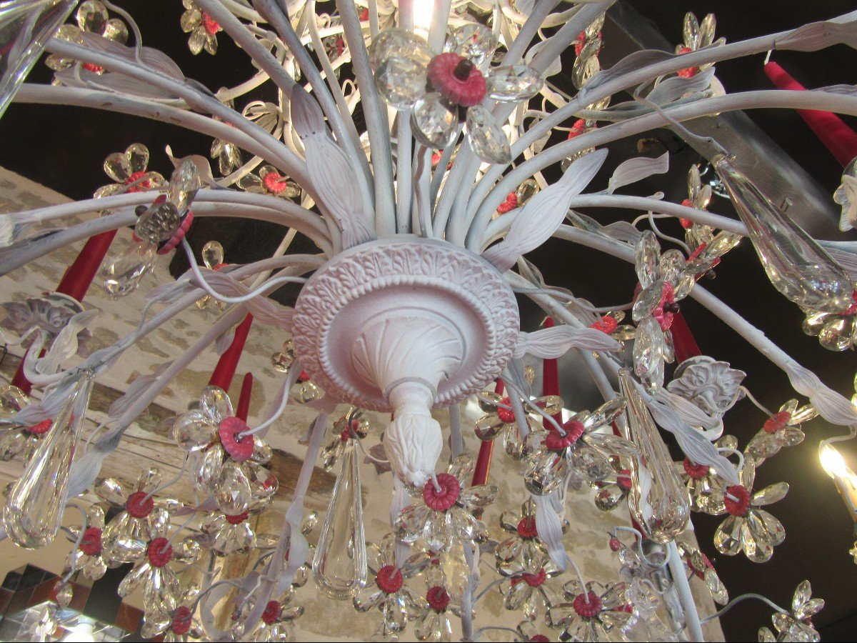 Large 24-arm Chandelier With White Painted Base And Multitude Of Flower-shaped Tassels -photo-4