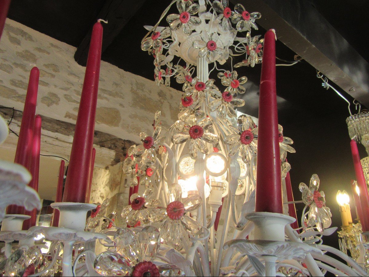 Large 24-arm Chandelier With White Painted Base And Multitude Of Flower-shaped Tassels -photo-5