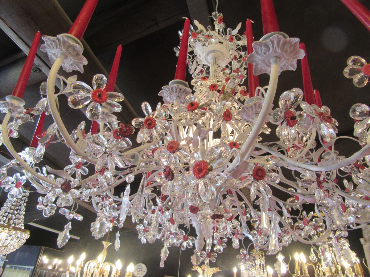 Large 24-arm Chandelier With White Painted Base And Multitude Of Flower-shaped Tassels -photo-6