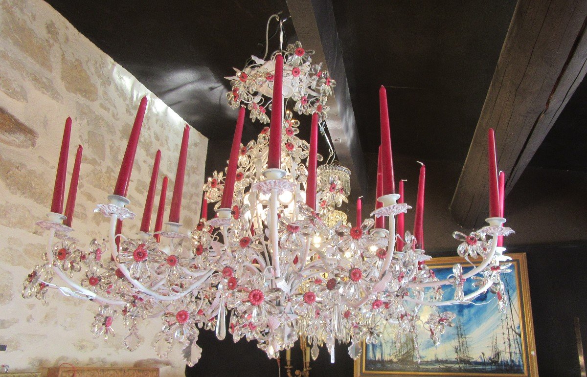 Large 24-arm Chandelier With White Painted Base And Multitude Of Flower-shaped Tassels 