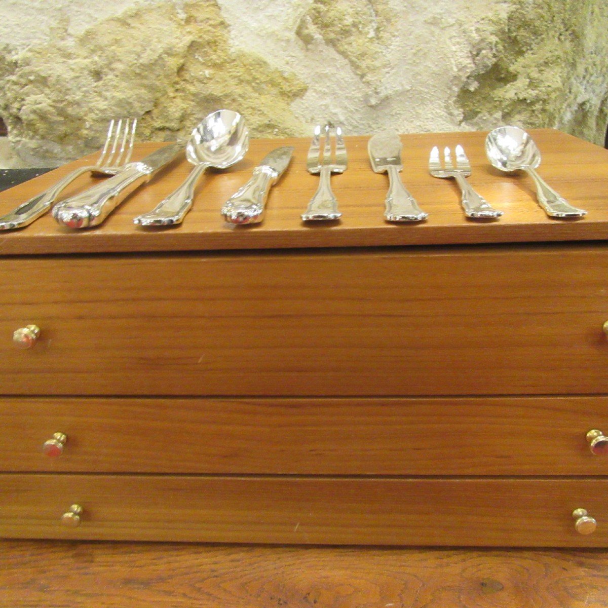 Ercuis Silver Metal Cutlery Set Valencay Model 105 Pieces In Wooden Box-photo-3