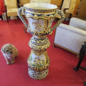 Earthenware From Nevers Column And Cache Pot Signed A. Montagnon 19th