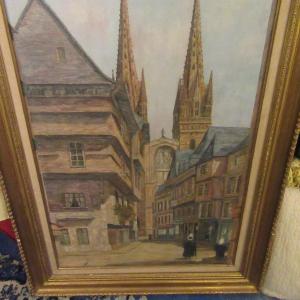 Quimper Saint Corentin Cathedral Oil On Canvas. Signed V. Comiti