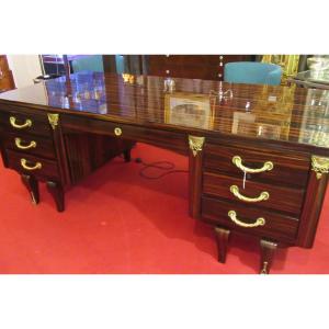 Art-deco Desk Large Model In Rosewood Veneer And Bronze Handles