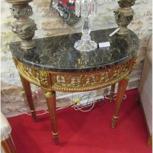 Half-moon Console With 4 Legs, Stucco And Gilded Wood Border, Black Orange-veined Portor Marble Top